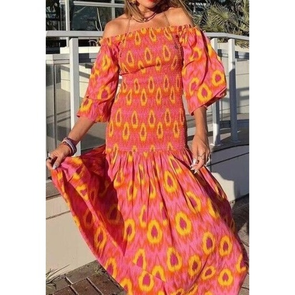 Zara Pink Yellow Ikat Print Ballon Sleeve Off Shoulder Smocked Midi Dress Small